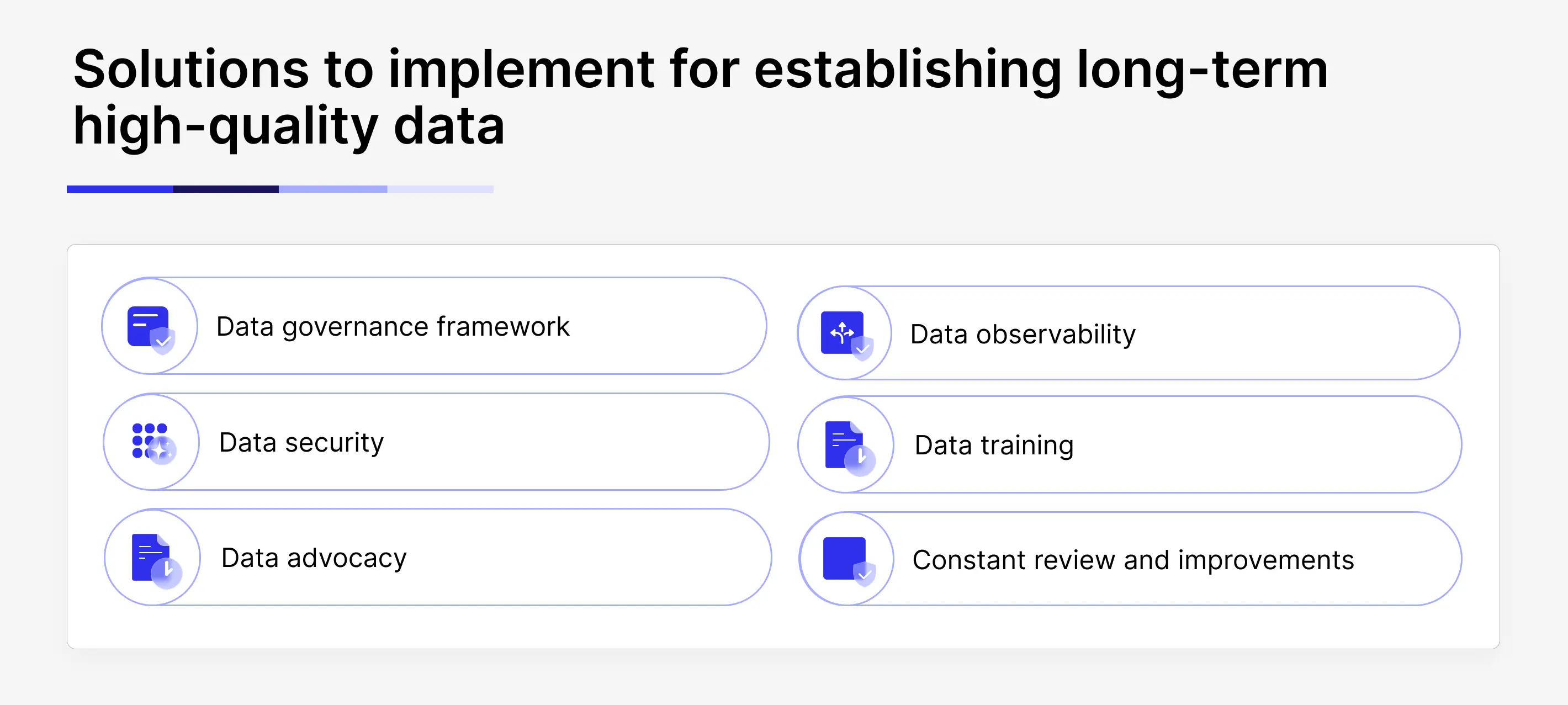 A list of solutions to implement to ensure long-term high quality of data