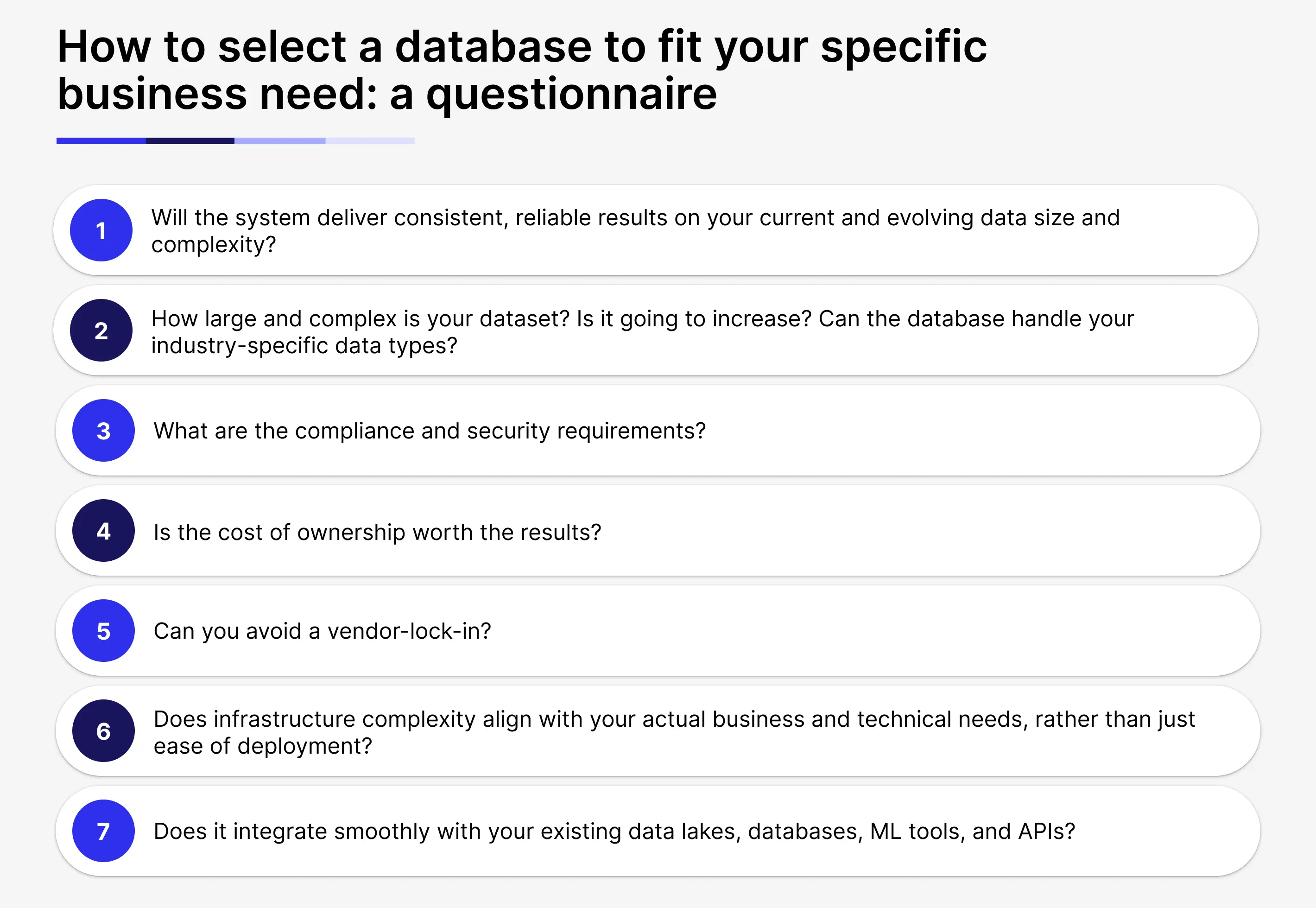 A set of questions helping to choose a database for a specific business need. 